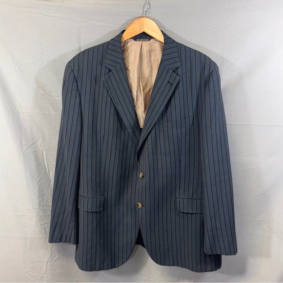 Jack Victor Prossimo Blazer Mens 46R Blue Pinstripe Sport Coat Gold Buttons - Picture 1 of 13